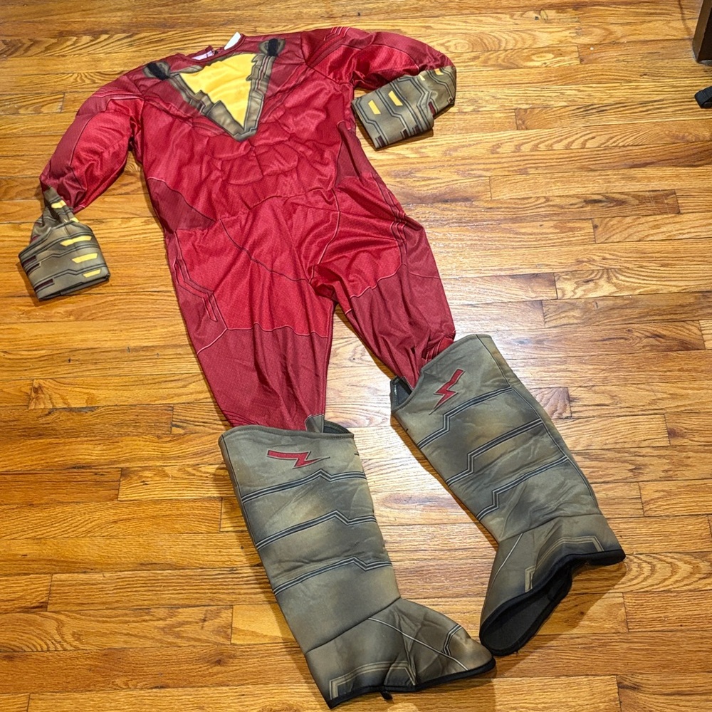 Shazam kids costume red, gray, and gold